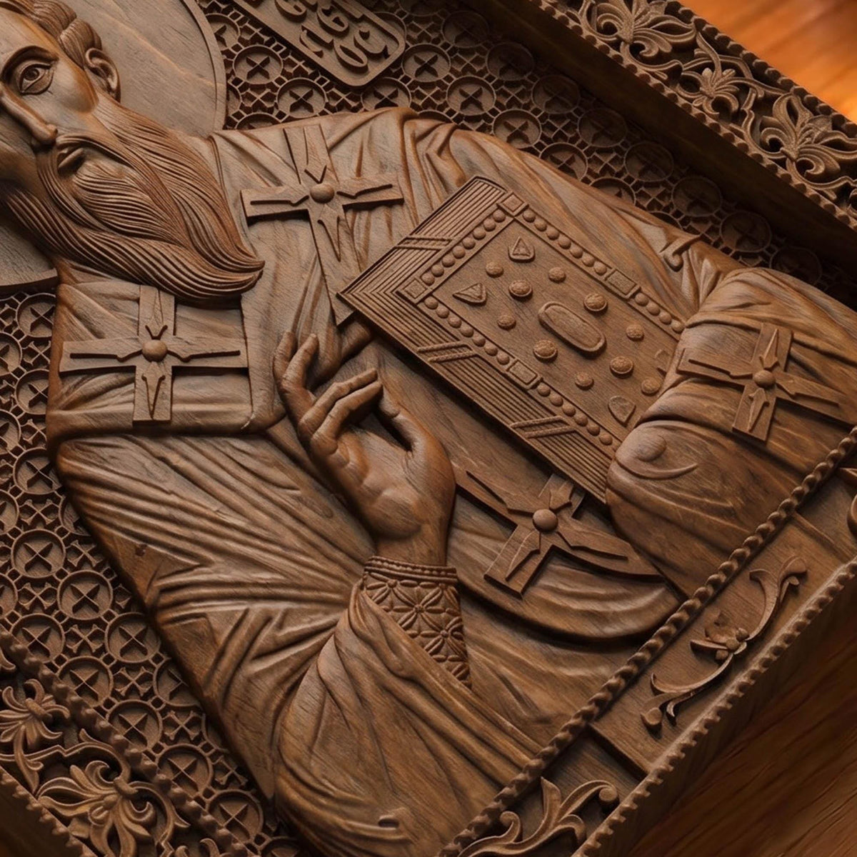 Saint Basil the Great Wooden Carved Handmade Christian Icon Patron Saint of the Poor Flat Side Brown Oak Cretan Holy Carvings