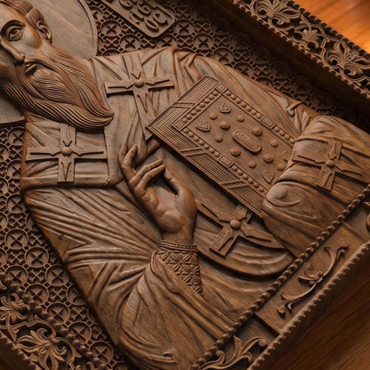 Saint Basil the Great Wooden Carved Handmade Christian Icon Patron Saint of the Poor Flat Side Brown Oak Cretan Holy Carvings
