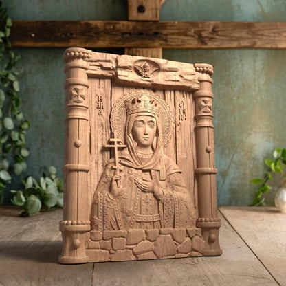 Saint Irene Wooden Carved Handmade Christian Icon. Byzantine Greek Orthodox Home Art Decor.
