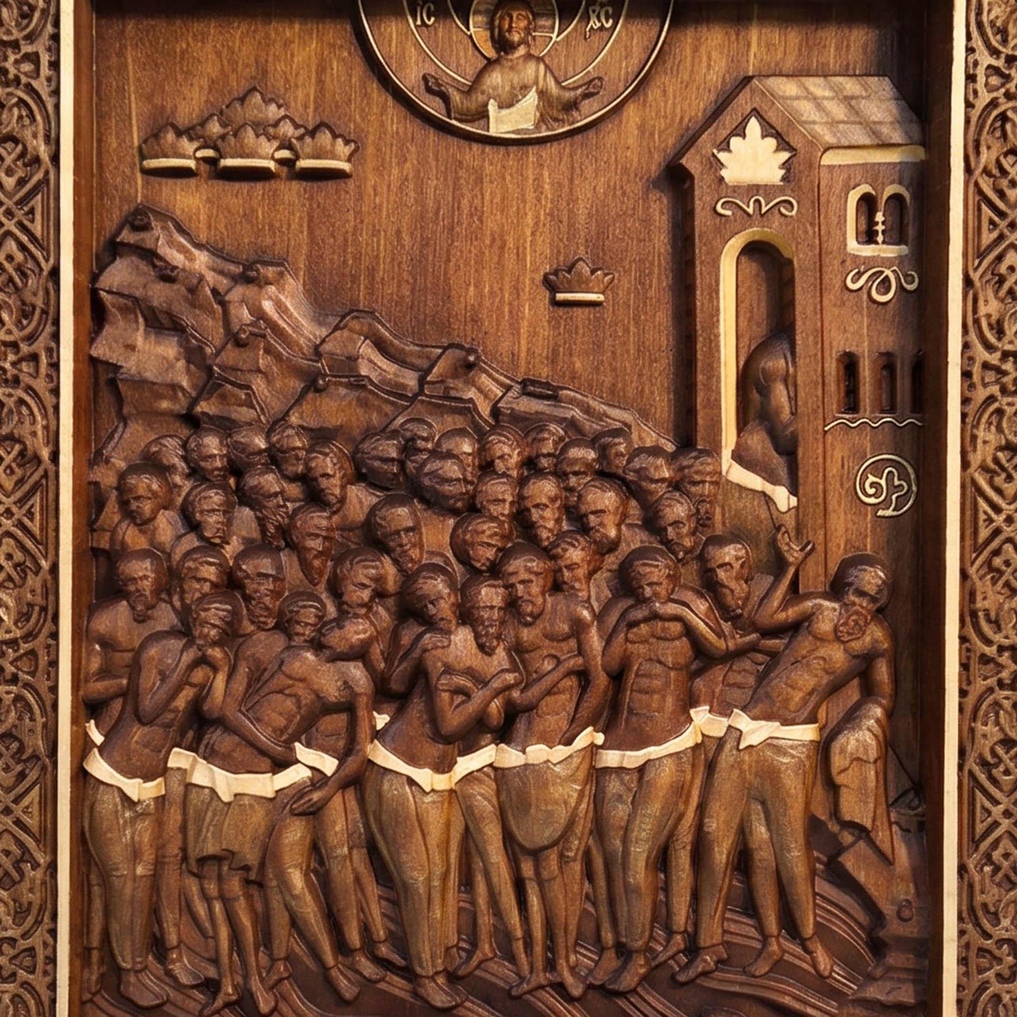 Forty Martyrs of Sebaste Wooden Carved Handmade Christian Icon Front Side Golden Brown Cretan Holy Carvings