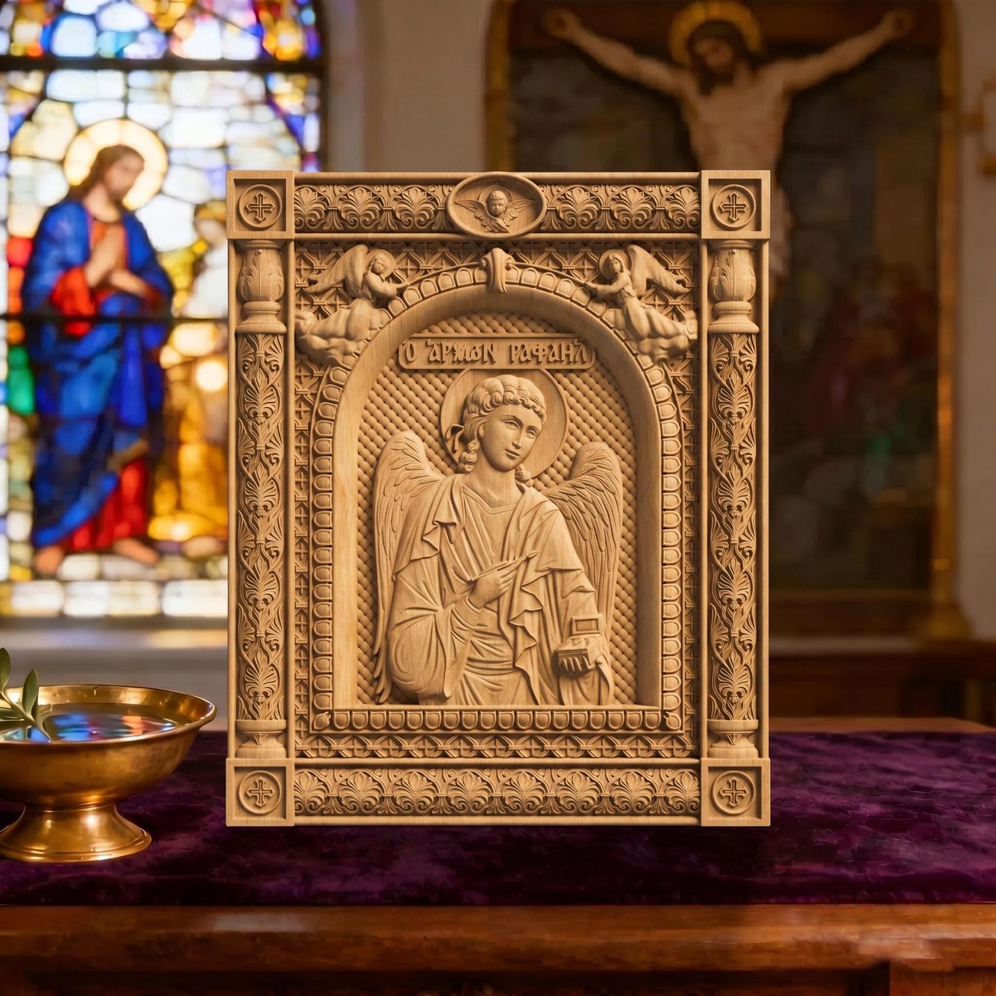 Archangel Raphael Wooden Carved Handmade Christian Icon | Byzantine Greek Orthodox Home Art Decor