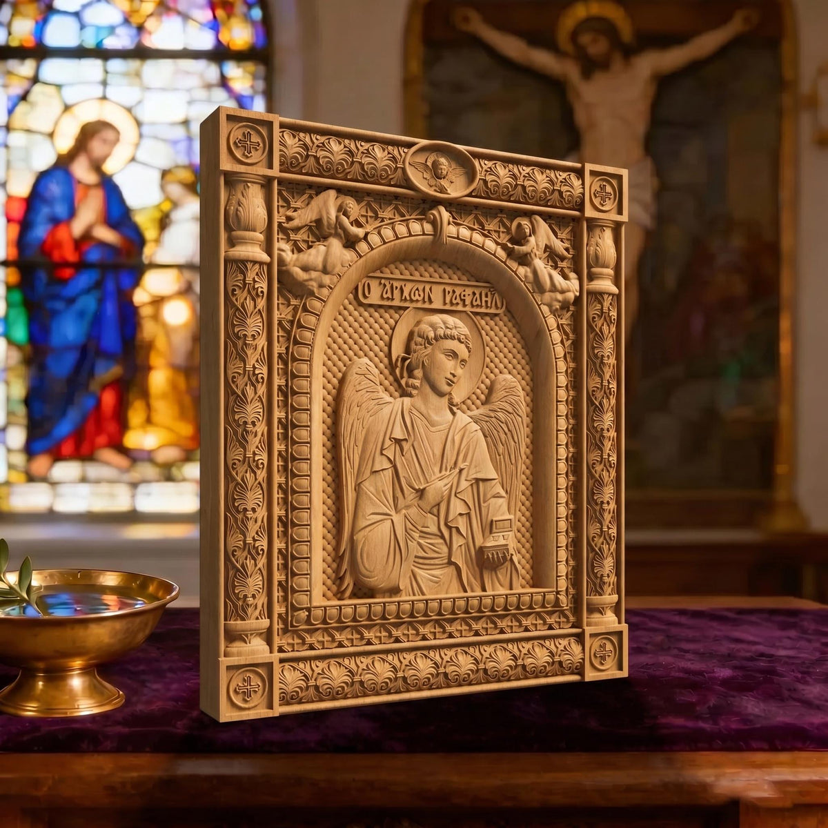 Archangel Raphael Wooden Carved Handmade Christian Icon | Byzantine Greek Orthodox Home Art Decor