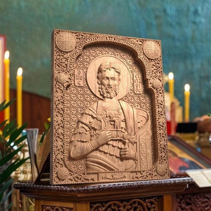 Saint Eustace Wooden Carved Handmade Christian Icon. Byzantine Greek Orthodox Home Art Decor.