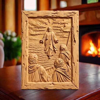 Jesus Christ Walks on the Sea Wooden Carved Handmade Christian Icon  Byzantine Greek Orthodox Home Art Decor Cretan Holy Carvings