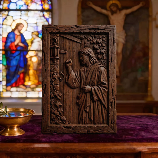 Jesus Christ Stands at the Door and Knocks Wooden Carved Handmade Christian Icon  Byzantine Greek Orthodox Home Decor Cretan Holy Carvings