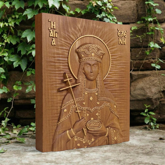 Saint Helena Wooden Carved Handmade Christian Icon. Byzantine Greek Orthodox Home Art Decor.