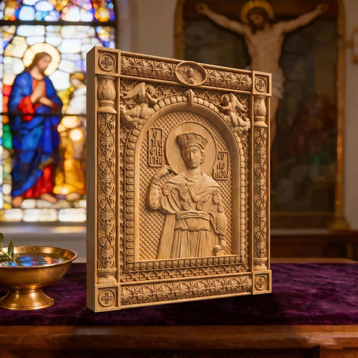 Prophet Solomon Wooden Carved Handmade Christian Icon Left Side Natural Wood Color Cretan Holy Carvings
