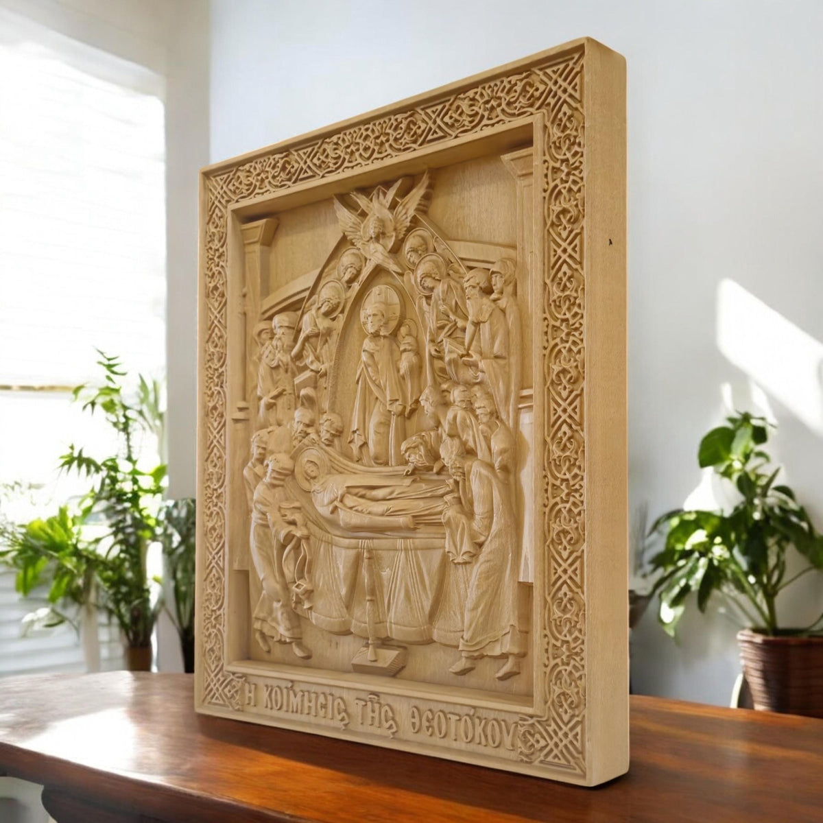 Dormition of the Mother of God Wooden Carved Handmade Christian Icon. Byzantine Greek Decor.