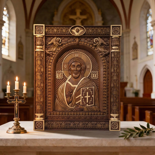 Christ Pantocrator of Sinai Wooden Carved Handmade Christian Icon Front Side Golden Dark Cretan Holy Carvings