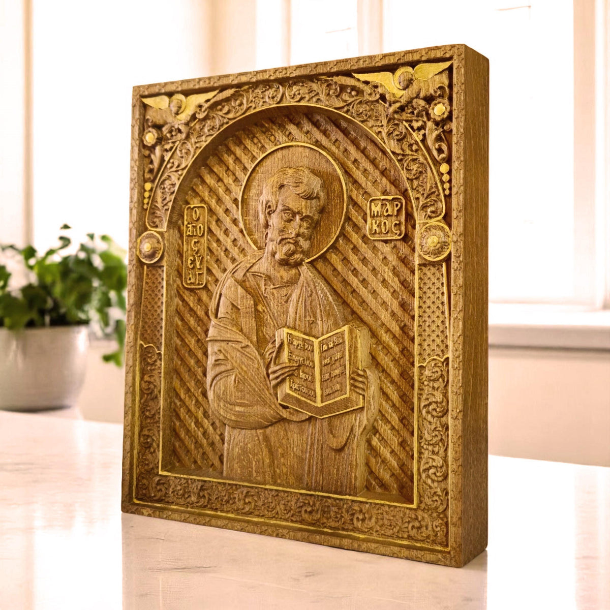 Mark the Evangelist Wooden Carved Handmade Christian Icon. Byzantine Greek Orthodox Home Art Decor.