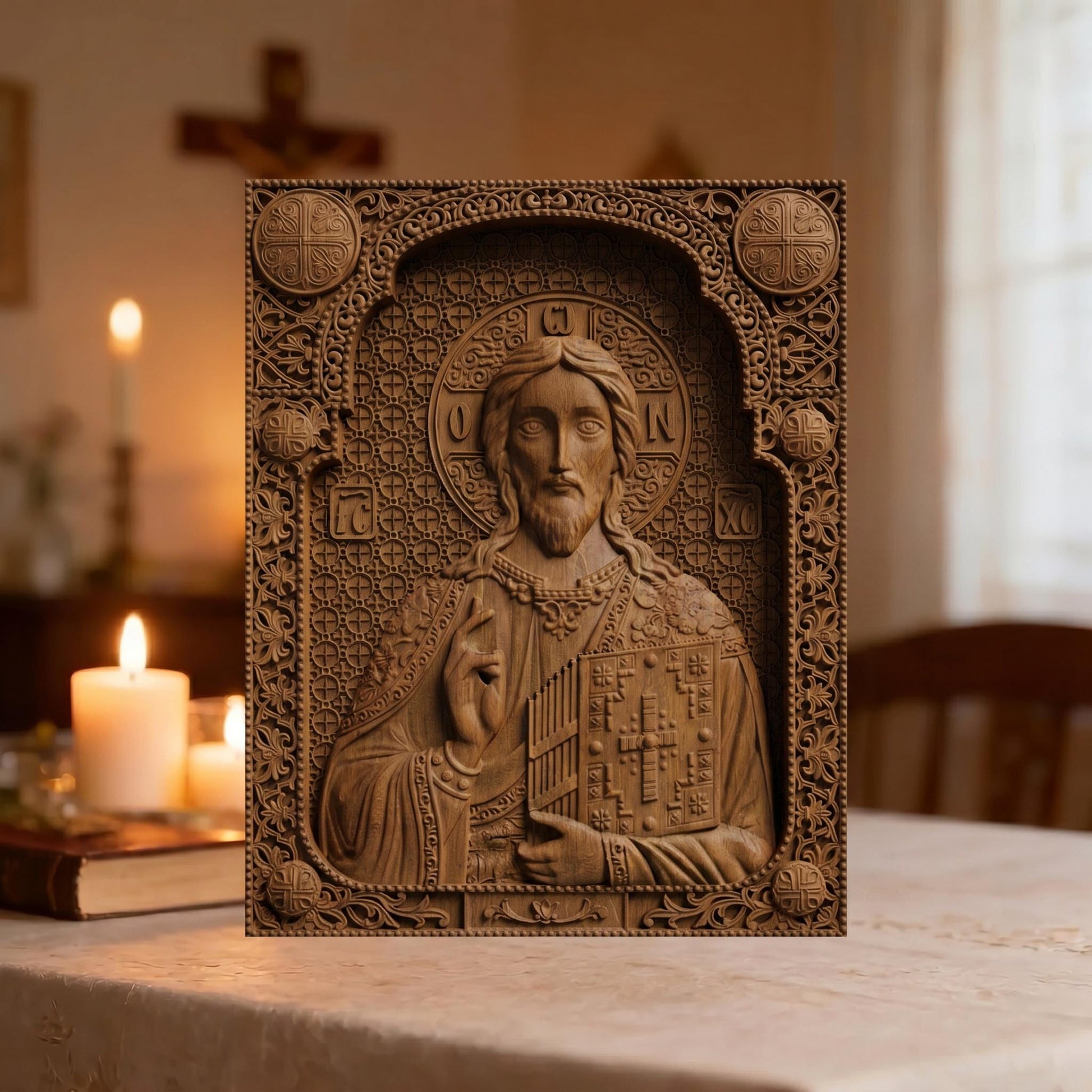 Jesus Christ Wooden Carved Handmade Christian Icon Front Side Brown Oak Cretan Holy Carvings