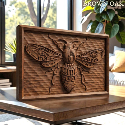 Bee Tribal Framed Bas Relief | Wooden Bee Carving | Sculptural Gift Idea