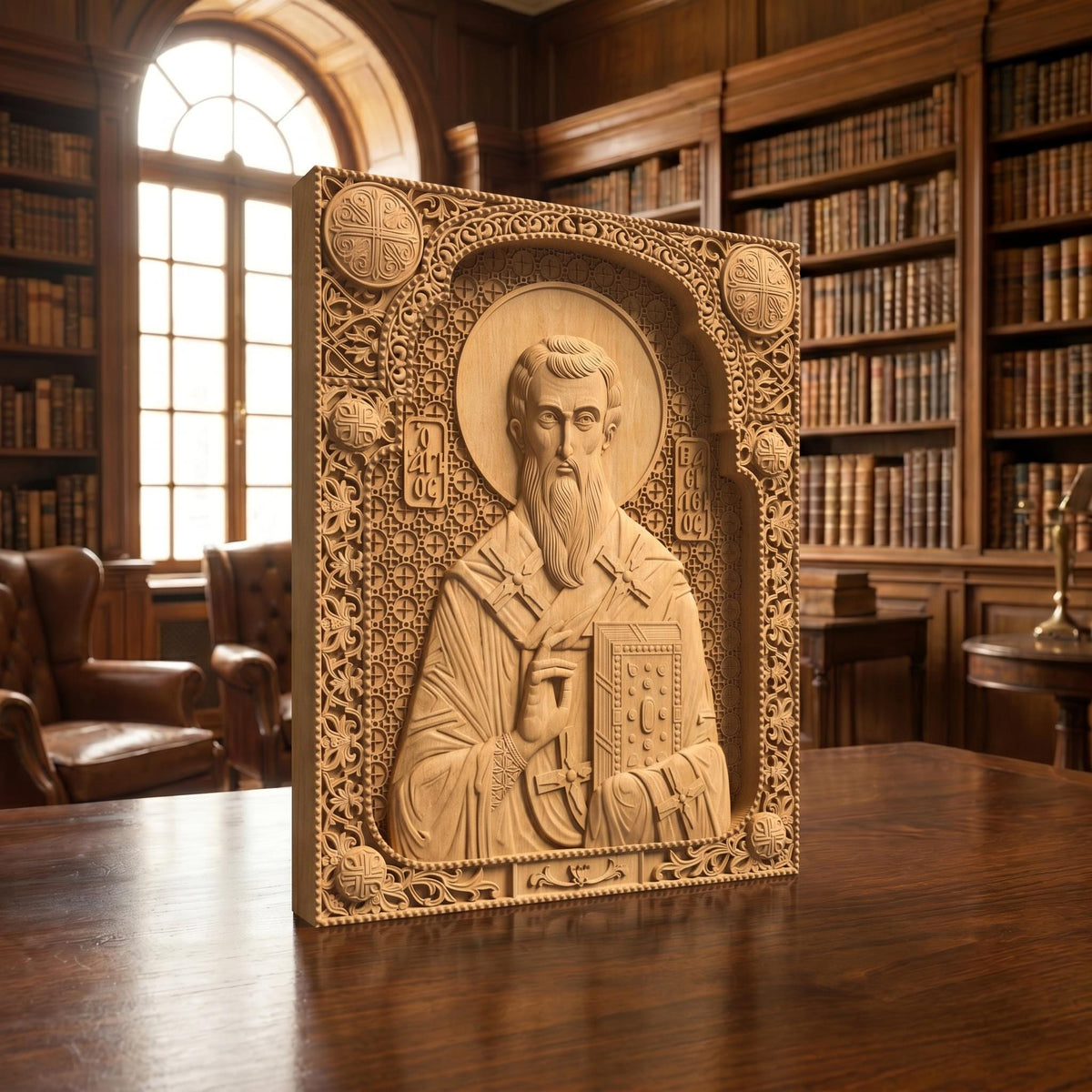 Saint Basil the Great Wooden Carved Handmade Christian Icon Patron Saint of the Poor Left Side Natural Wood Color Cretan Holy Carvings