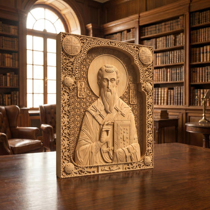 Saint Basil the Great Wooden Carved Handmade Christian Icon Patron Saint of the Poor Left Side Natural Wood Color Cretan Holy Carvings
