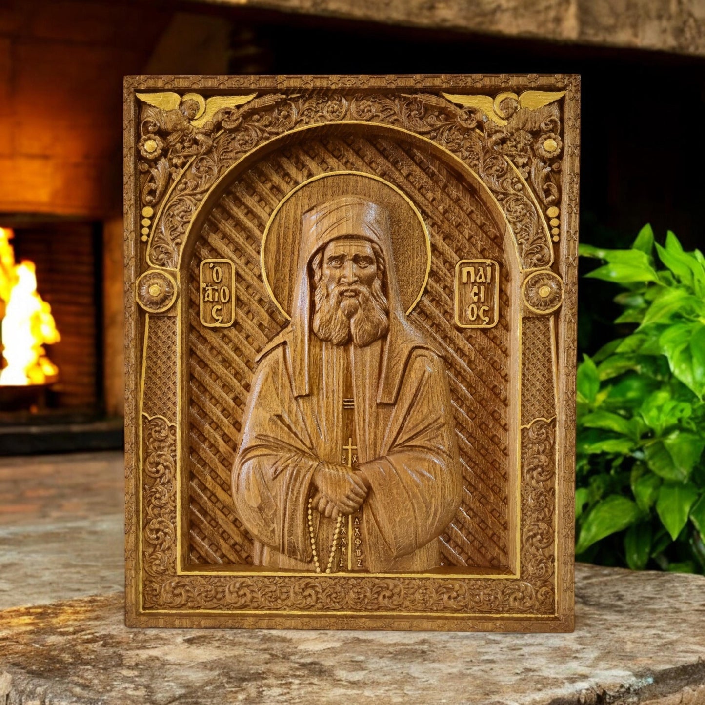 Saint Paisios of Mount Athos Wooden Carved Handmade Christian Icon. Byzantine Greek Home Decor.