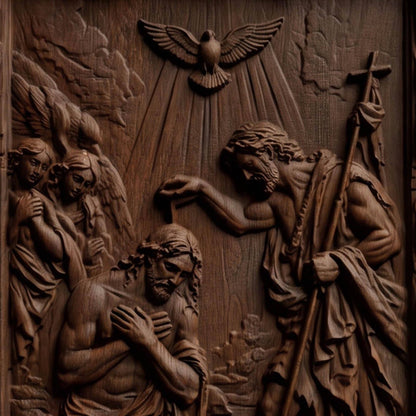 Saint John and the Baptism of Jesus Christ Wooden Carved Handmade Christian Icon  Byzantine Greek Orthodox Home Decor Cretan Holy Carvings