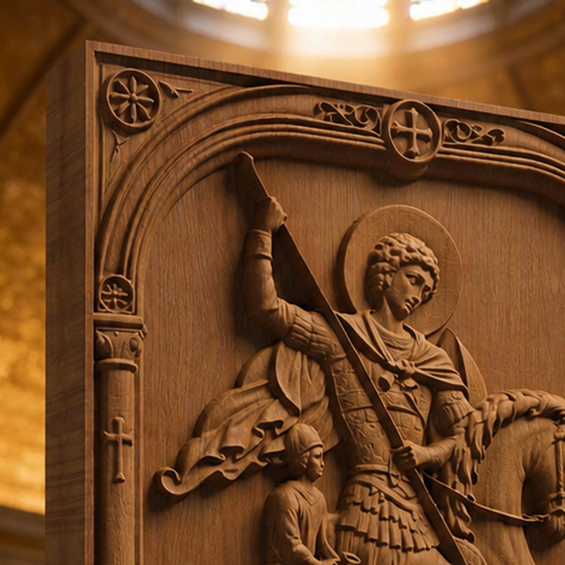 Saint George Kills the Dragon Wooden Carved Handmade Christian Icon Patron Saint of Military Brown Oak Cretan Holy Carvings