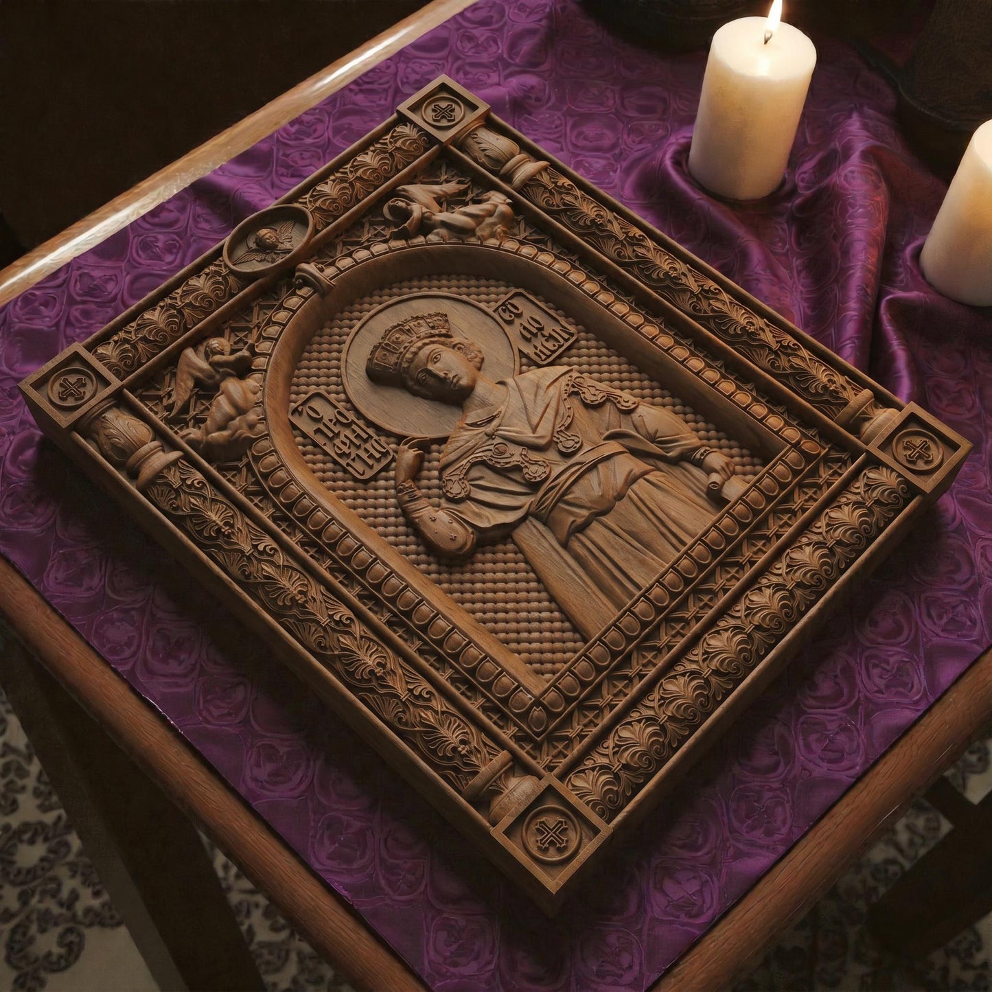 Prophet Solomon Wooden Carved Handmade Christian Icon Left Side Natural Wood Color Cretan Holy Carvings