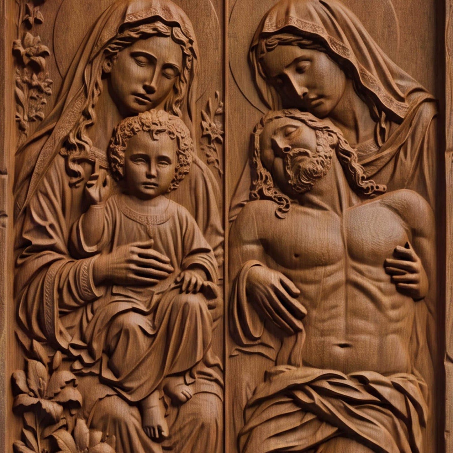 Jesus and Mother Mary Wooden Carved Handmade Christian Icon  Byzantine Greek Orthodox Home Decor Cretan Holy Carvings