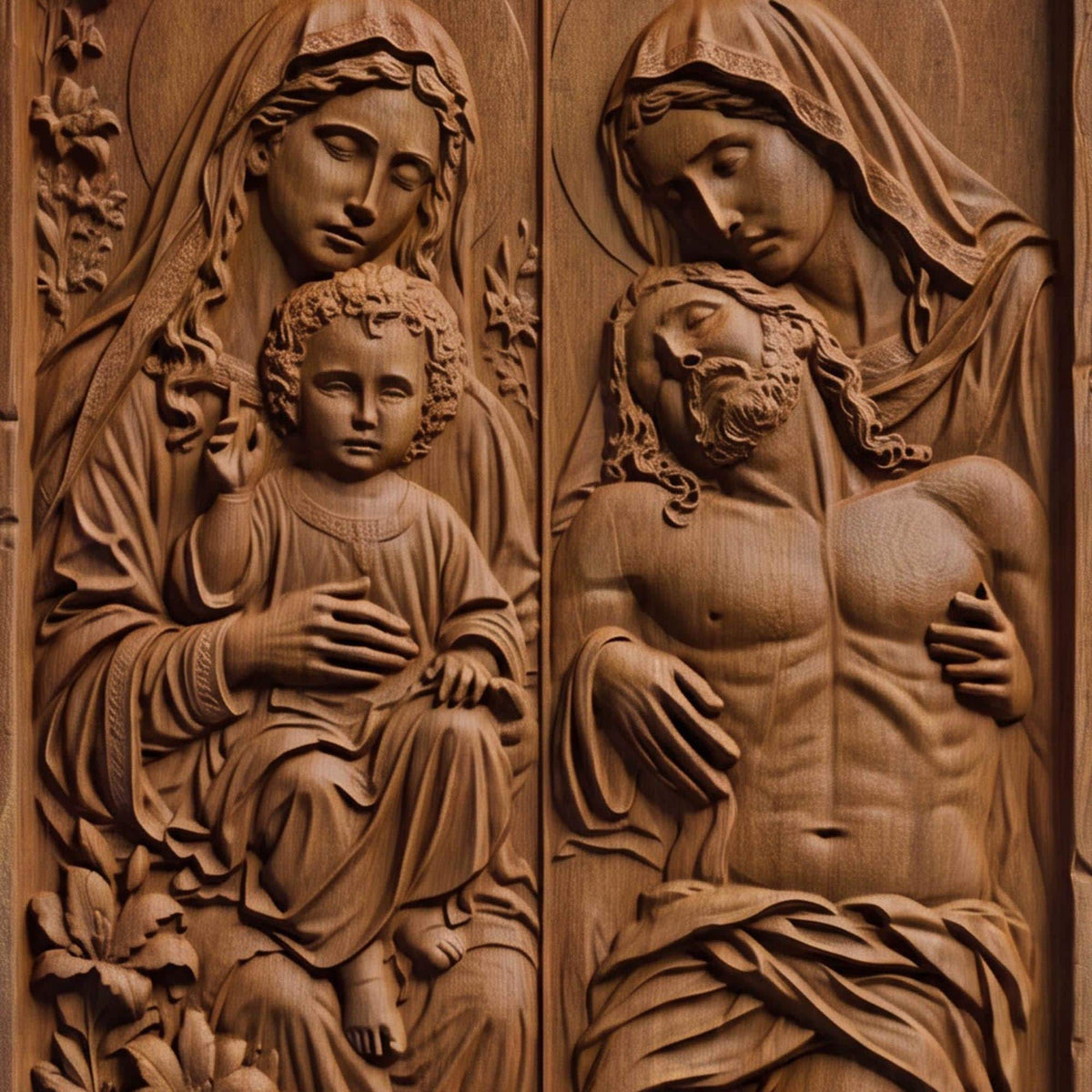 Jesus and Mother Mary Wooden Carved Handmade Christian Icon  Byzantine Greek Orthodox Home Decor Cretan Holy Carvings
