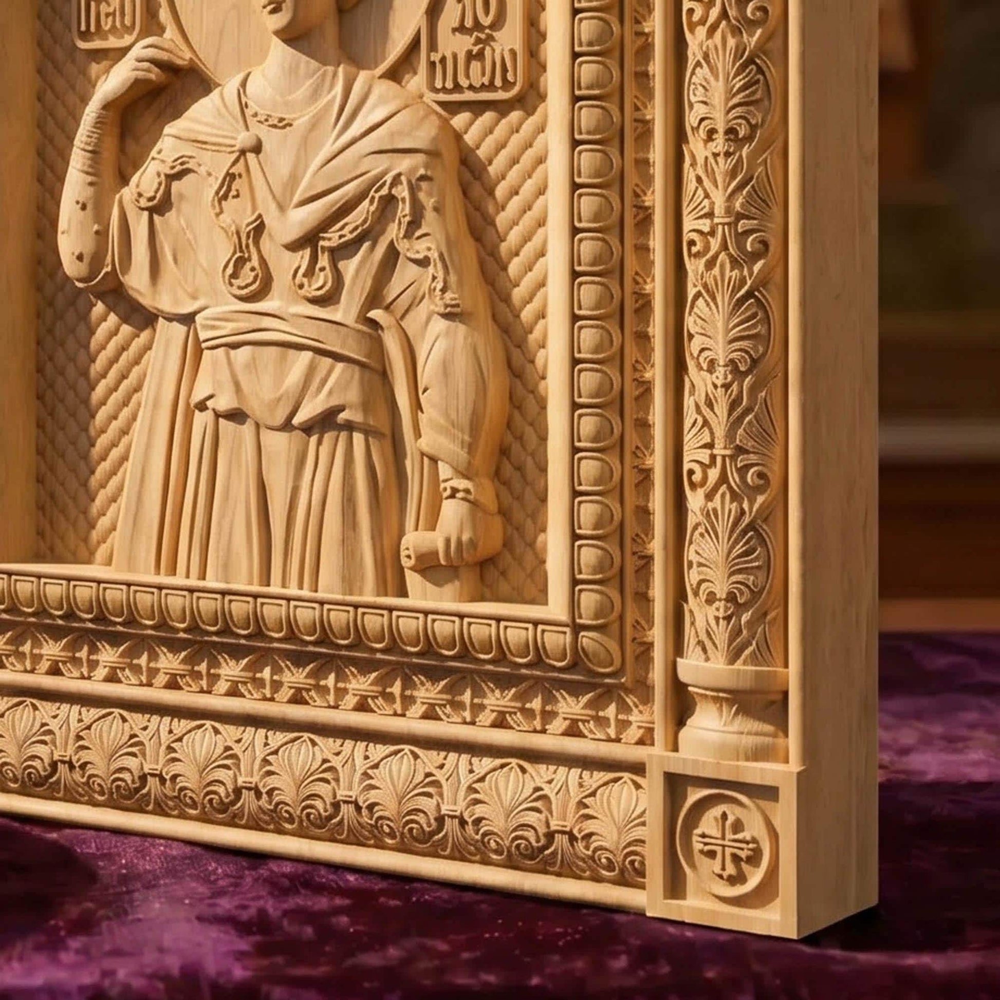 Prophet Solomon Wooden Carved Handmade Christian Icon Left Side Natural Wood Color Cretan Holy Carvings