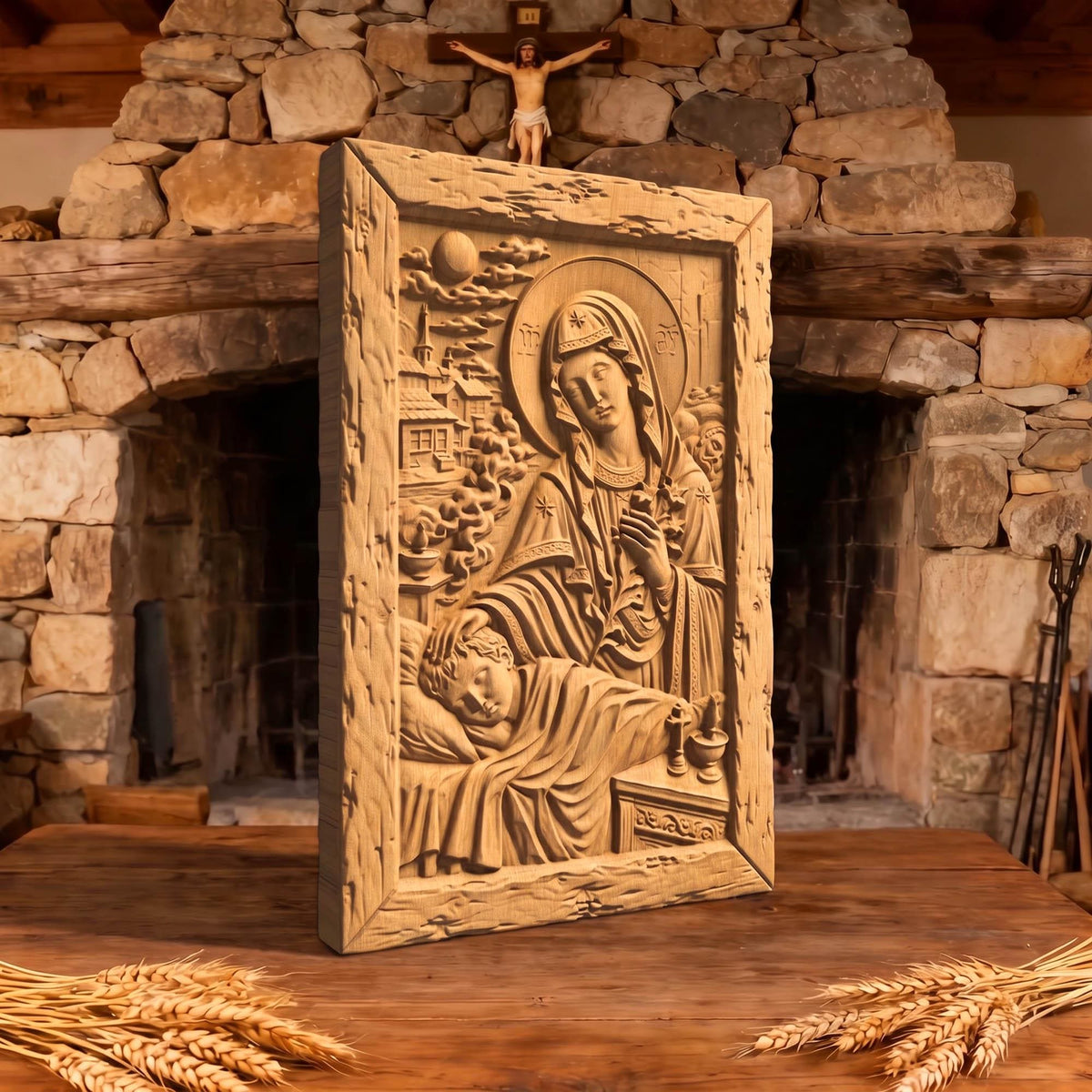 Virgin Mary Protects the Children Wooden Carved Handmade Christian Icon  Byzantine Greek Orthodox Home Decor Cretan Holy Carvings