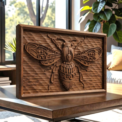 Bee Tribal Framed Bas Relief | Wooden Bee Carving | Sculptural Gift Idea