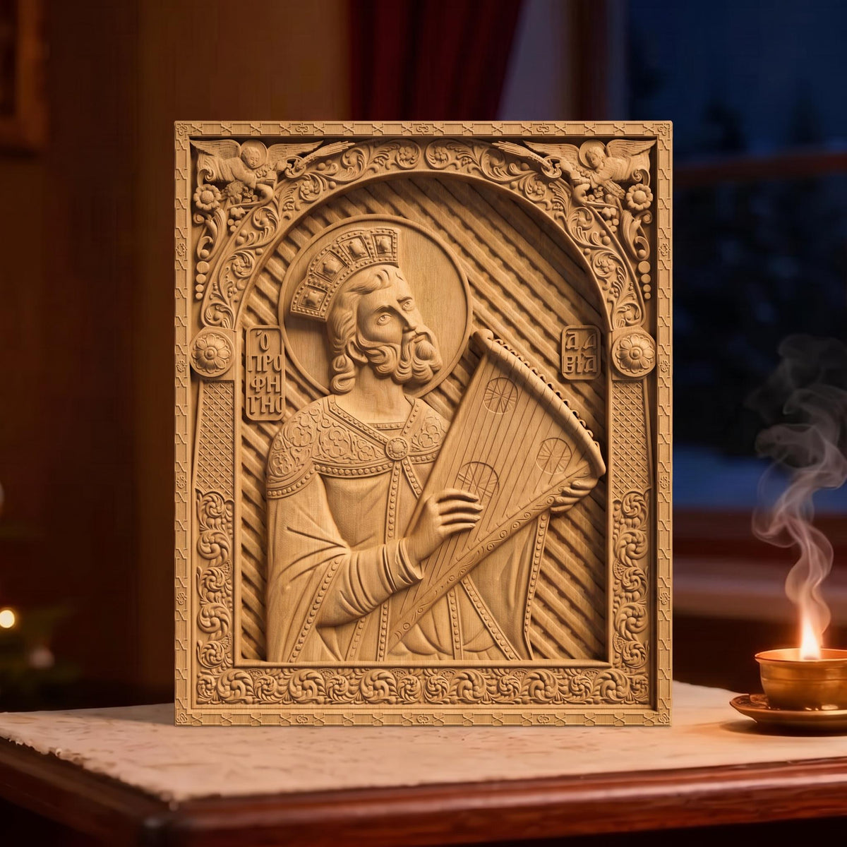 Prophet King David Wooden Carved Handmade Christian Icon | Byzantine Greek Orthodox Home Art Decor