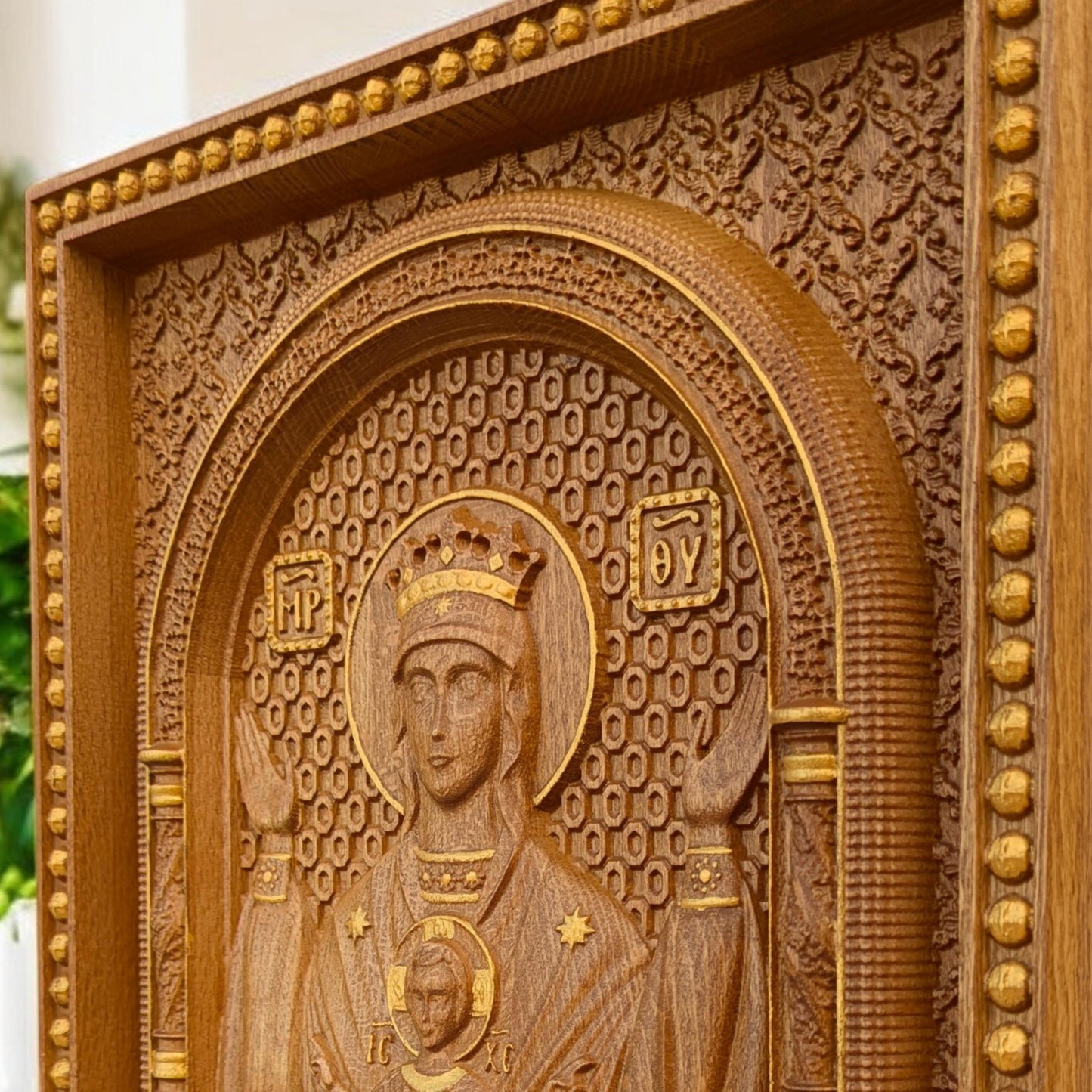 Virgin Mary Fountain of Life Wooden Carved Handmade Christian Icon. Byzantine Greek Home Decor.