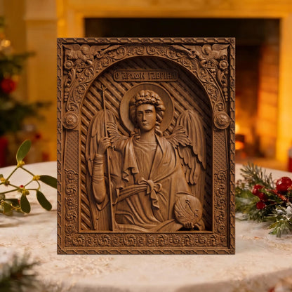 Archangel Gabriel Wooden Carved Handmade Christian Icon | Byzantine Greek Orthodox Home Art Decor