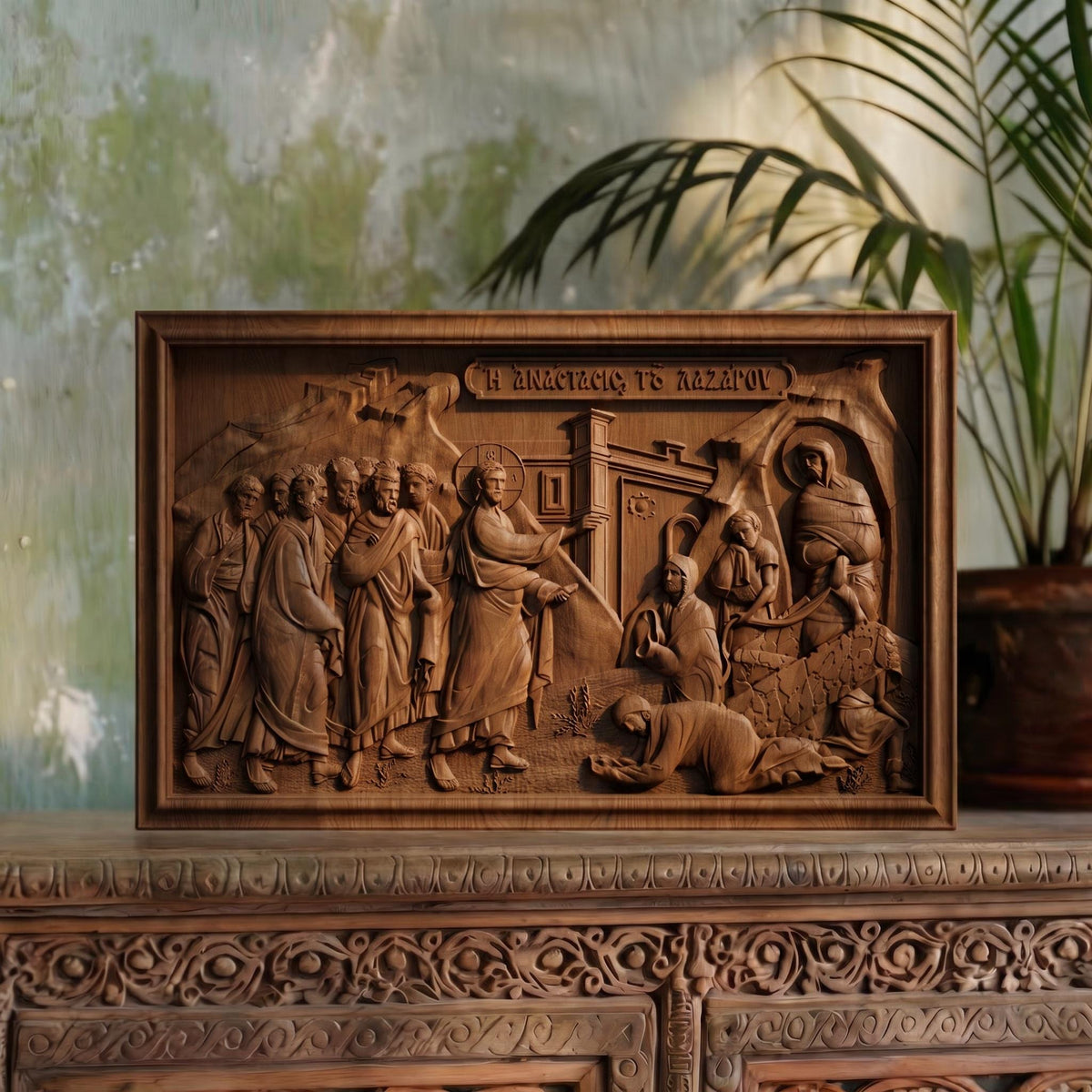 Lazarus Resurrection from Jesus Christ   Wooden Carved Handmade Christian Icon | Byzantine Greek Orthodox Home Art Decor