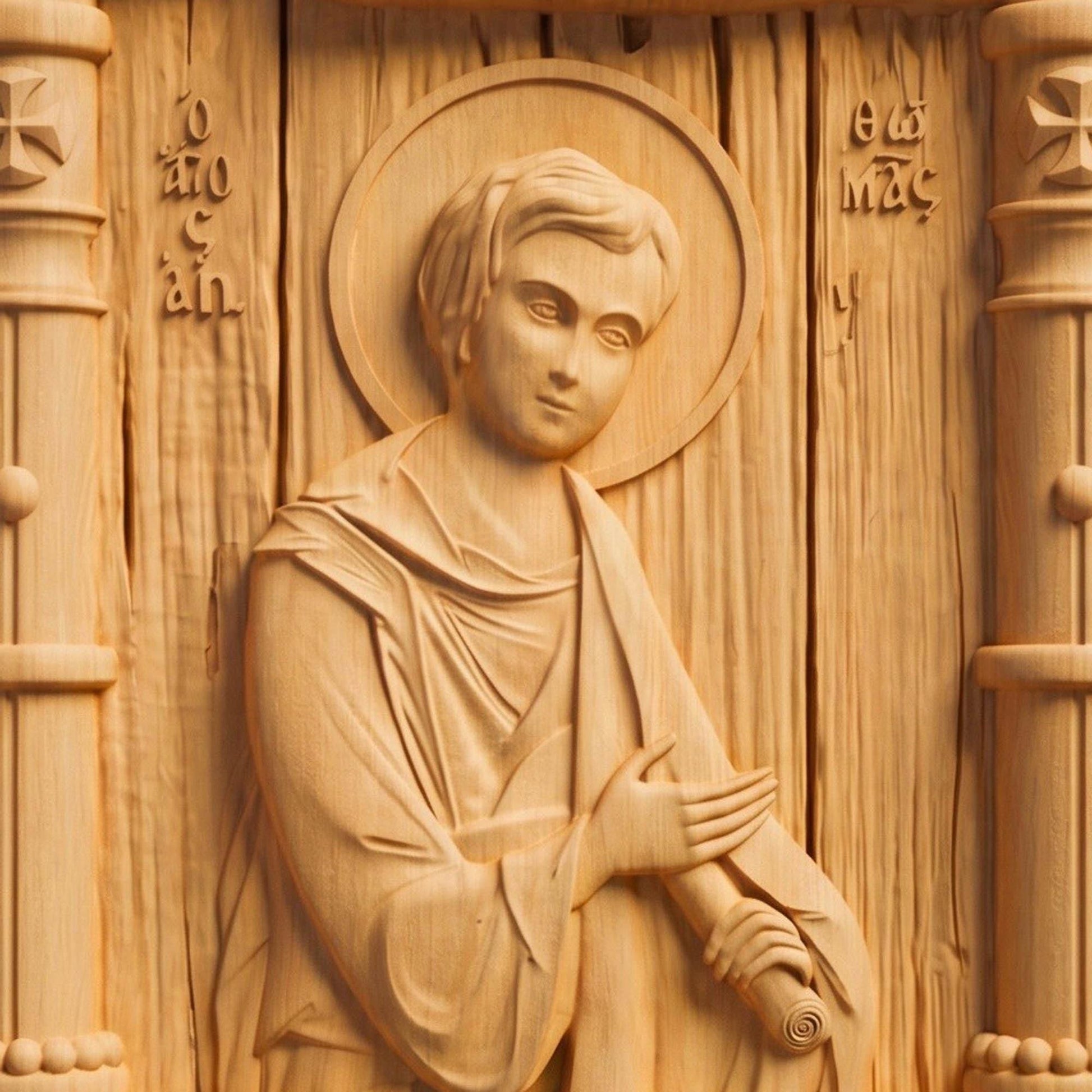 Saint Thomas the Apostle Wooden Carved Handmade Christian Icon Patron Saint of Architects and Builders Cretan Holy Carvings