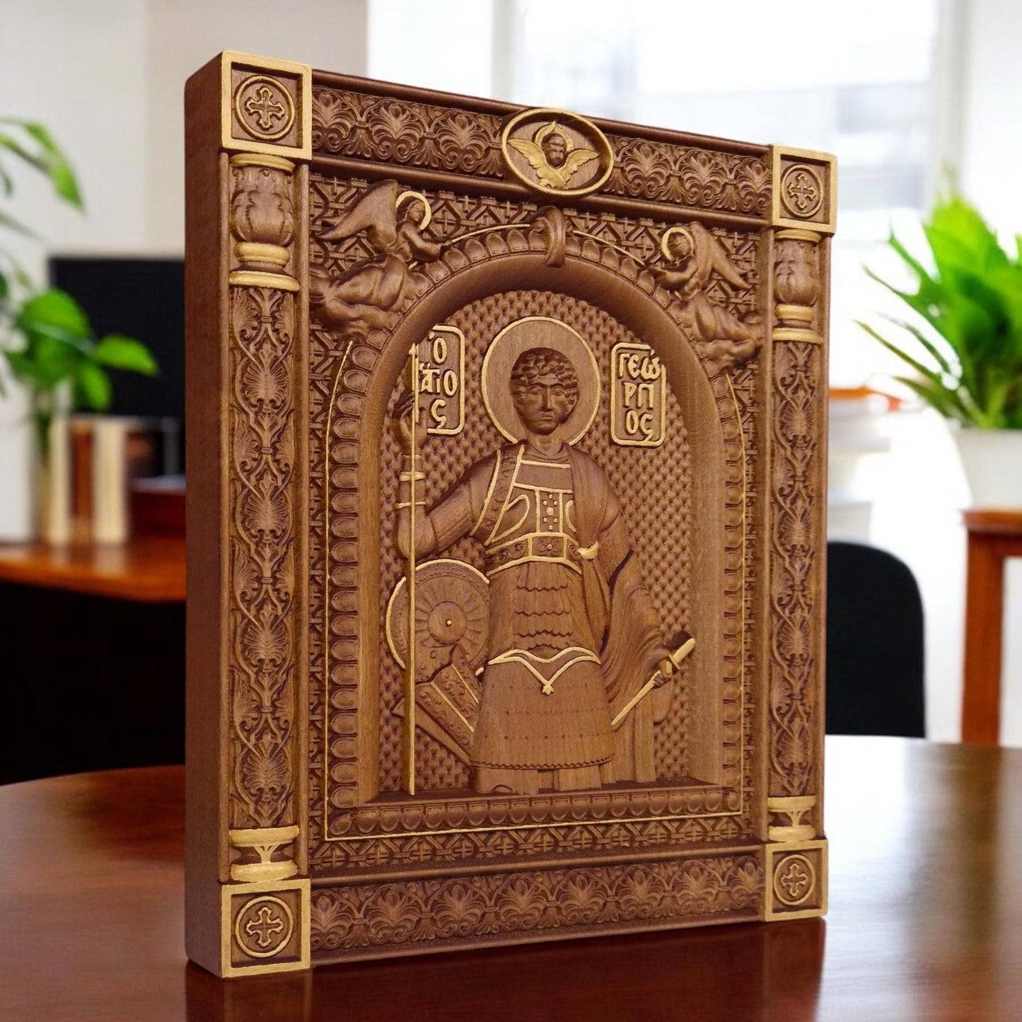 Saint George Wooden Carved Handmade Christian Icon. Byzantine Greek Orthodox Home Art Decor.