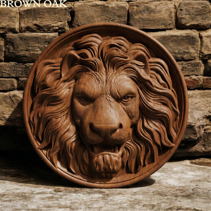 Lion Head in Plate Framed Bas Relief | Wooden Lion Carving | Sculptural Gift Idea