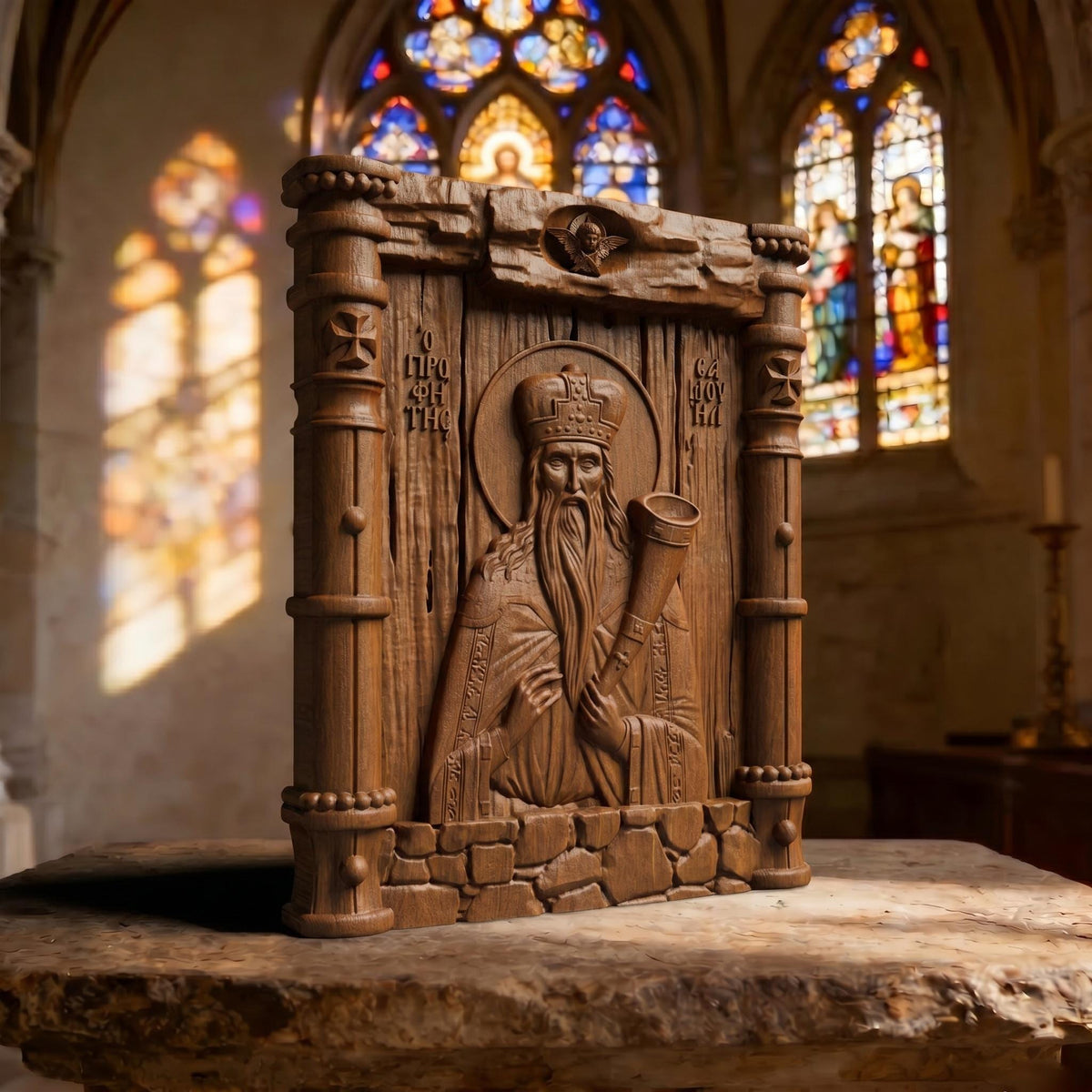Prophet Samuel Wooden Carved Handmade Christian Icon Left Side Brown Oak Cretan Holy Carvings