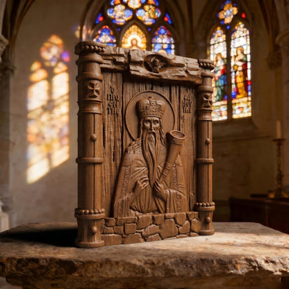 Prophet Samuel Wooden Carved Handmade Christian Icon Left Side Brown Oak Cretan Holy Carvings