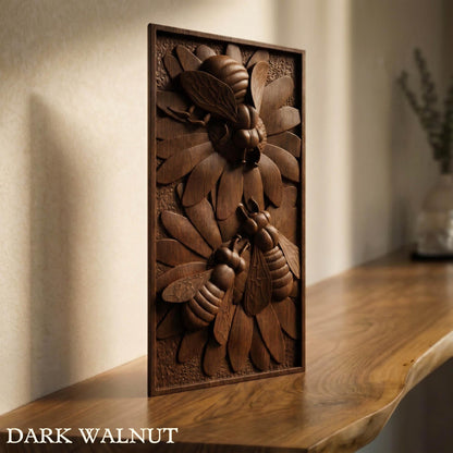Bees Panel Framed Bas Relief | Wooden Bees Carving | Sculptural Gift Idea