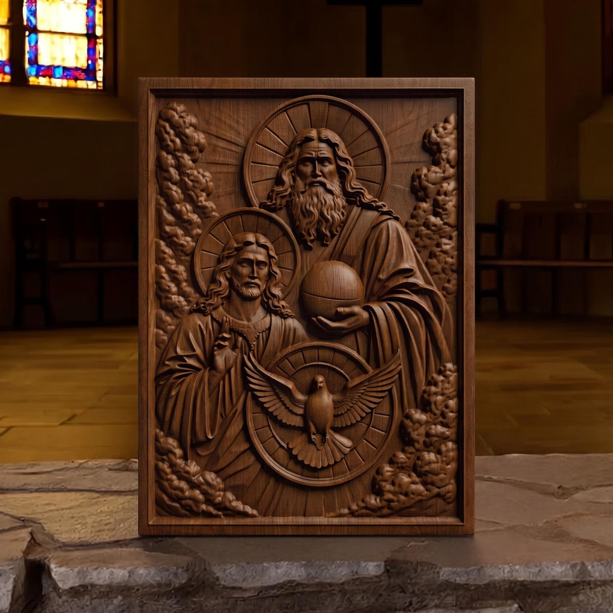 Holy Trinity Wooden Carved Handmade Christian Icon  Byzantine Greek Orthodox Home Decor Cretan Holy Carvings