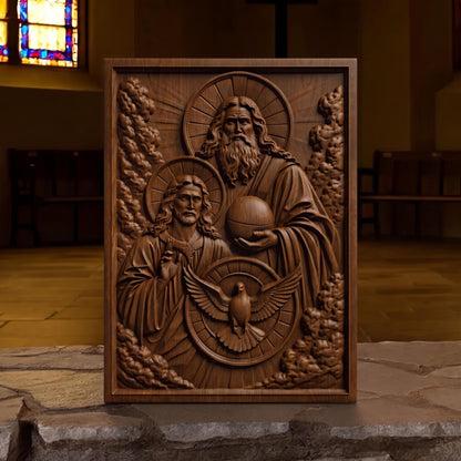 Holy Trinity Wooden Carved Handmade Christian Icon  Byzantine Greek Orthodox Home Decor Cretan Holy Carvings
