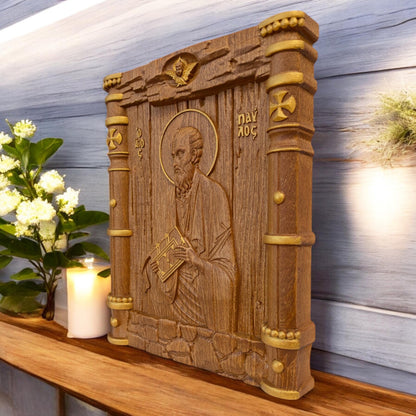 Saint Paul the Apostle Wooden Carved Handmade Christian Icon. Byzantine Greek Orthodox Home Art Decor.