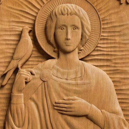 Saint Tryphon Wooden Carved Handmade Christian Icon Patron Saint of Winegrowers Front Side Natural Wood Color Cretan Holy Carvings