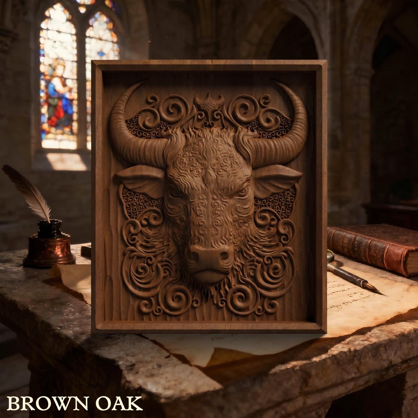 Bull Tribal Framed Bas Relief | Wooden Bull Carving | Sculptural Gift Idea