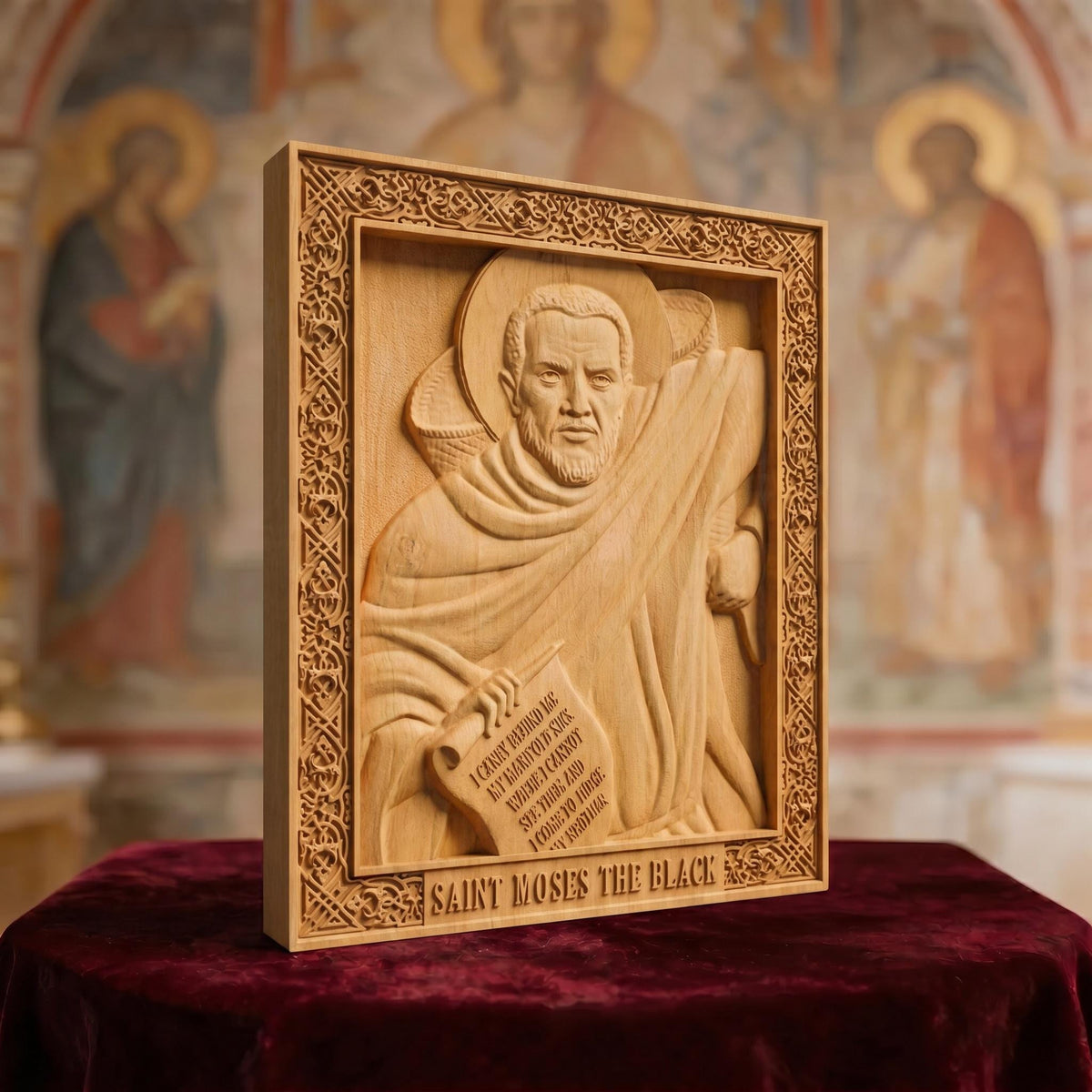 Saint Moses the Black Wooden Carved Handmade Christian Icon Patron Saint of Africa and non-violence Left Side Natural Wood Color Cretan Holy Carvings Video