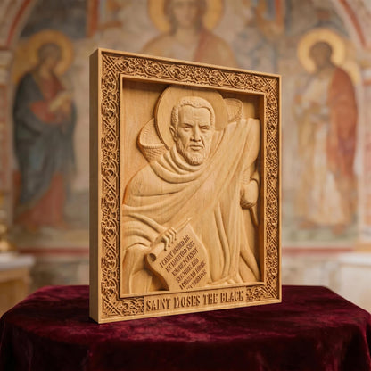 Saint Moses the Black Wooden Carved Handmade Christian Icon Patron Saint of Africa and non-violence Left Side Natural Wood Color Cretan Holy Carvings Video
