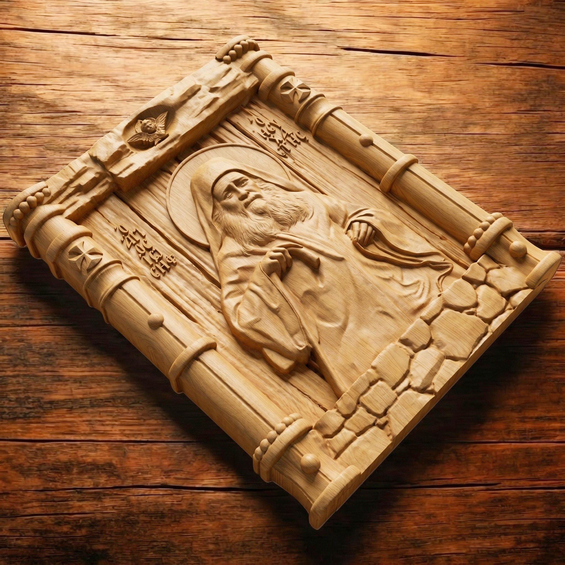 Saint Joseph the Hesychast Wooden Carved Handmade Christian Icon Flat Side Natural Wood Color Cretan Holy Carvings