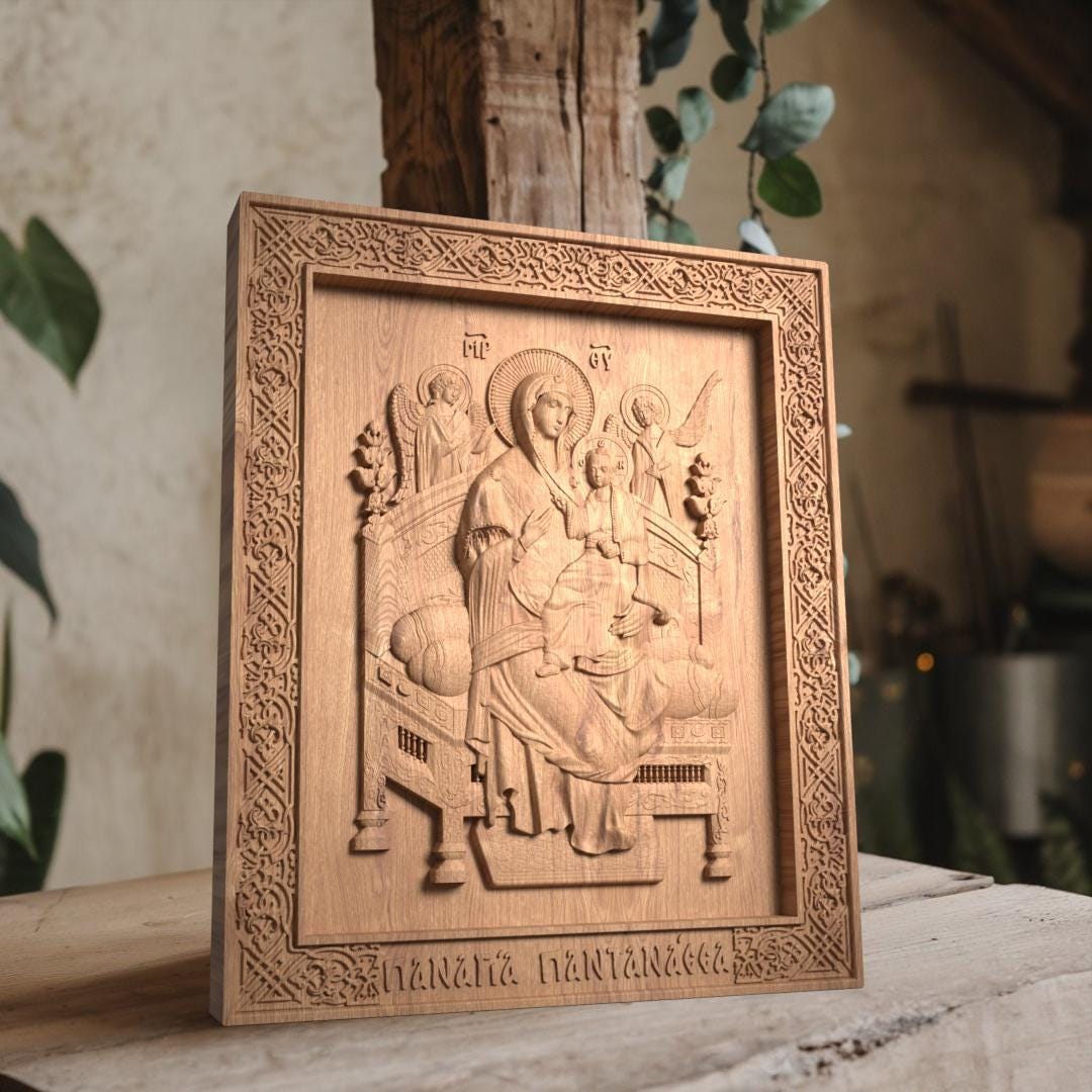 Virgin Mary Queen of All Wooden Carved Handmade Christian Icon. Byzantine Greek Orthodox Decor.