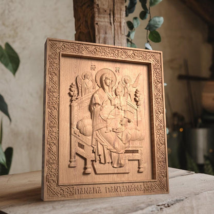 Virgin Mary Queen of All Wooden Carved Handmade Christian Icon. Byzantine Greek Orthodox Decor.