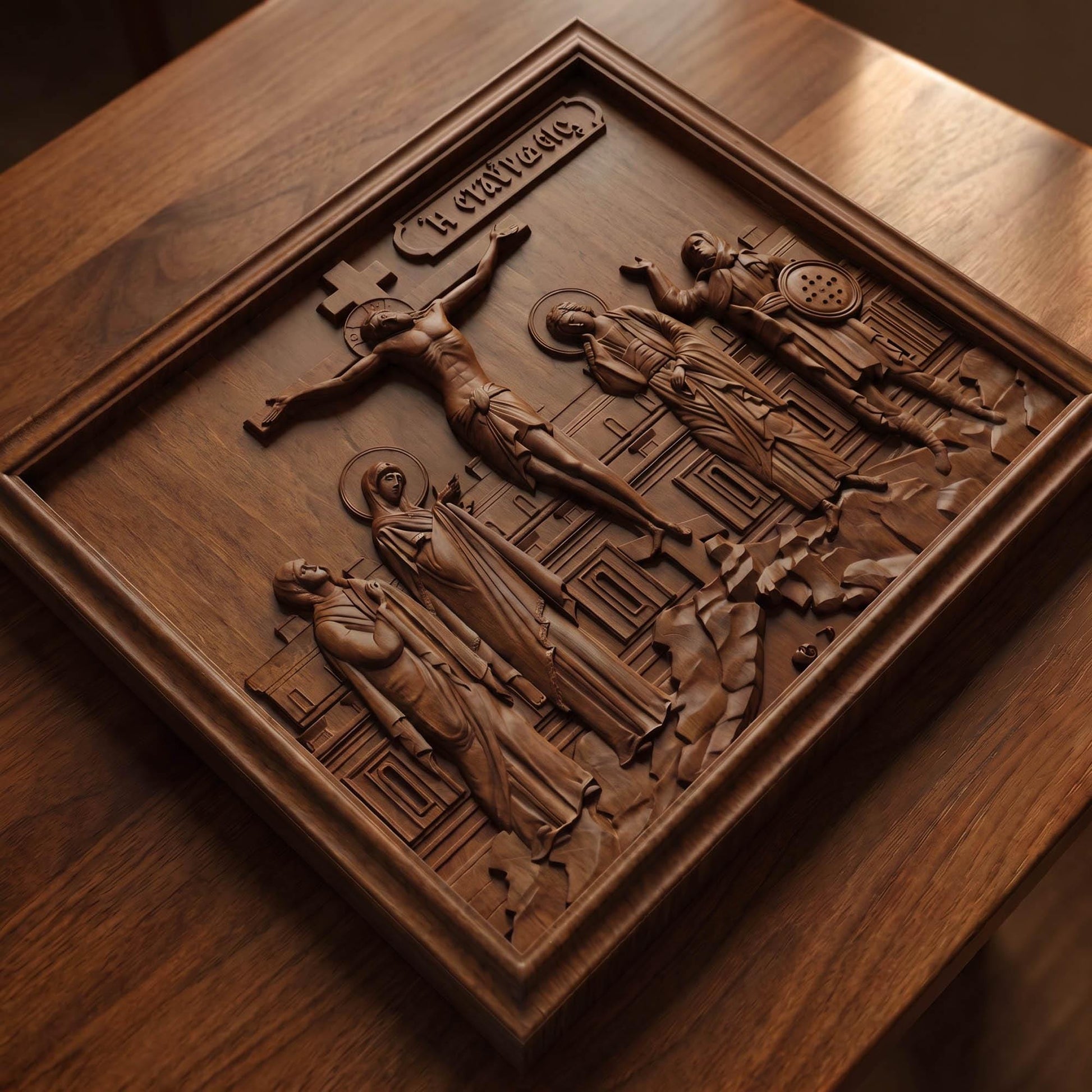 The Crucifixion of Jesus Christ Wooden Carved Handmade Christian Icon | Byzantine Greek Orthodox Home Art Decor