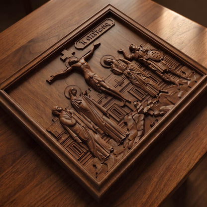 The Crucifixion of Jesus Christ Wooden Carved Handmade Christian Icon | Byzantine Greek Orthodox Home Art Decor