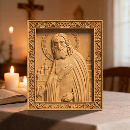 Saint Seraphim of Sarov Wooden Carved Handmade Christian Wooden Carved Handmade Christian Icon Front Side Natural Wood Color Cretan Holy Carvings